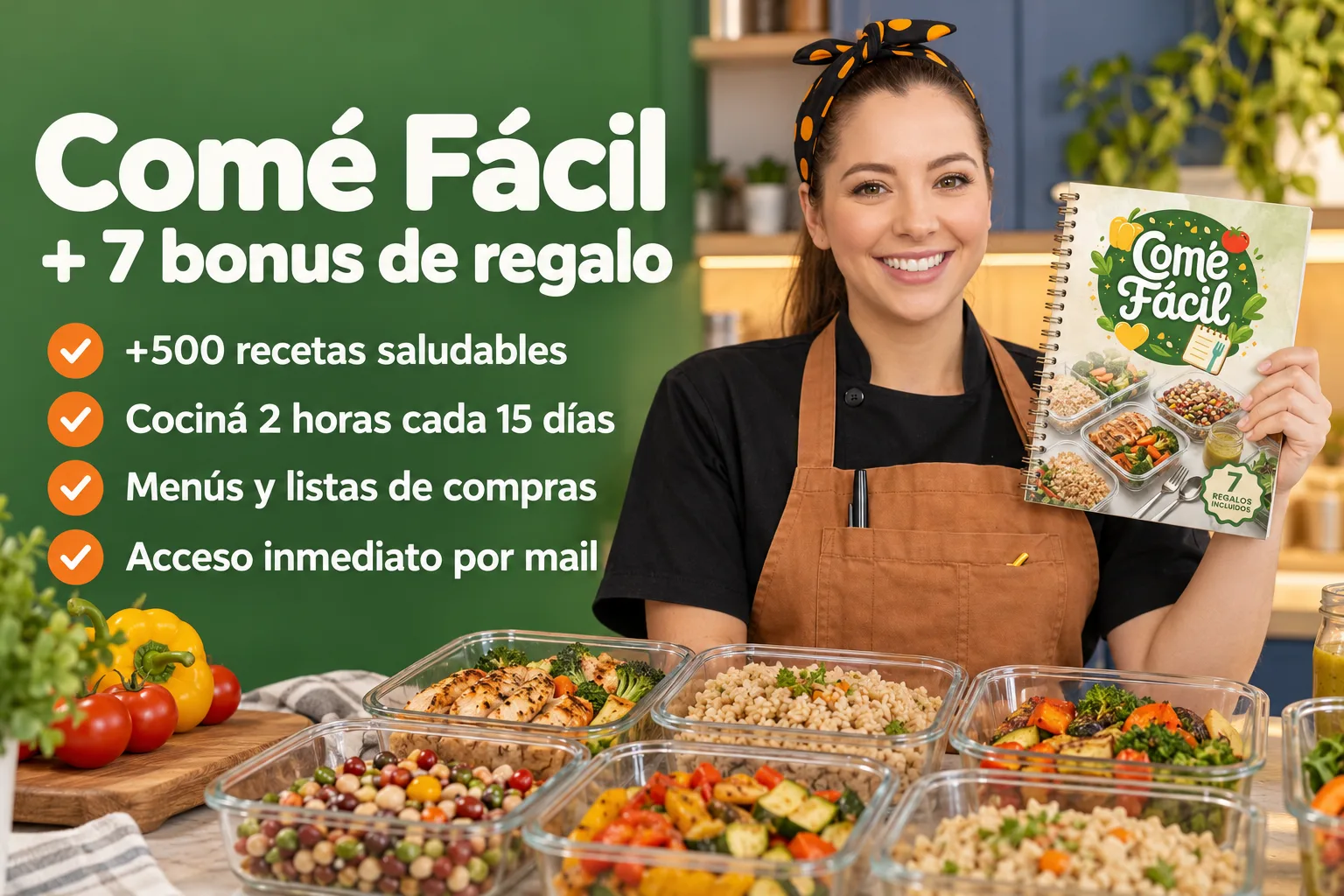 Comé Fácil + 7 bonus de regalo. +500 recetas saludables. Cociná 2 horas cada 15 días. Menús y listas de compras. 7 bonus de regalo. Acceso inmediato por mail