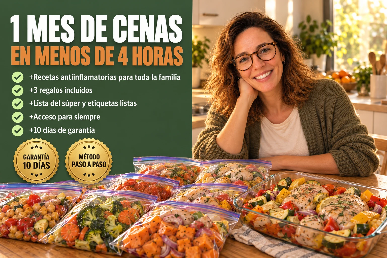1 mes de cenas en menos de 4 horas. +Recetas antiinflamatorias para toda la familia. +3 regalos incluidos. +Lista del súper y etiquetas listas. +Acceso para siempre. +10 días de garantía